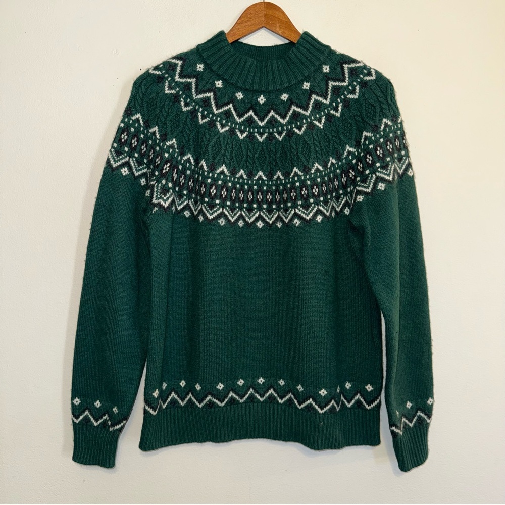 Lands End Fair Isle Pullover Heavy Knit Sweater Size M 10-12 Turtle Neck Nordic